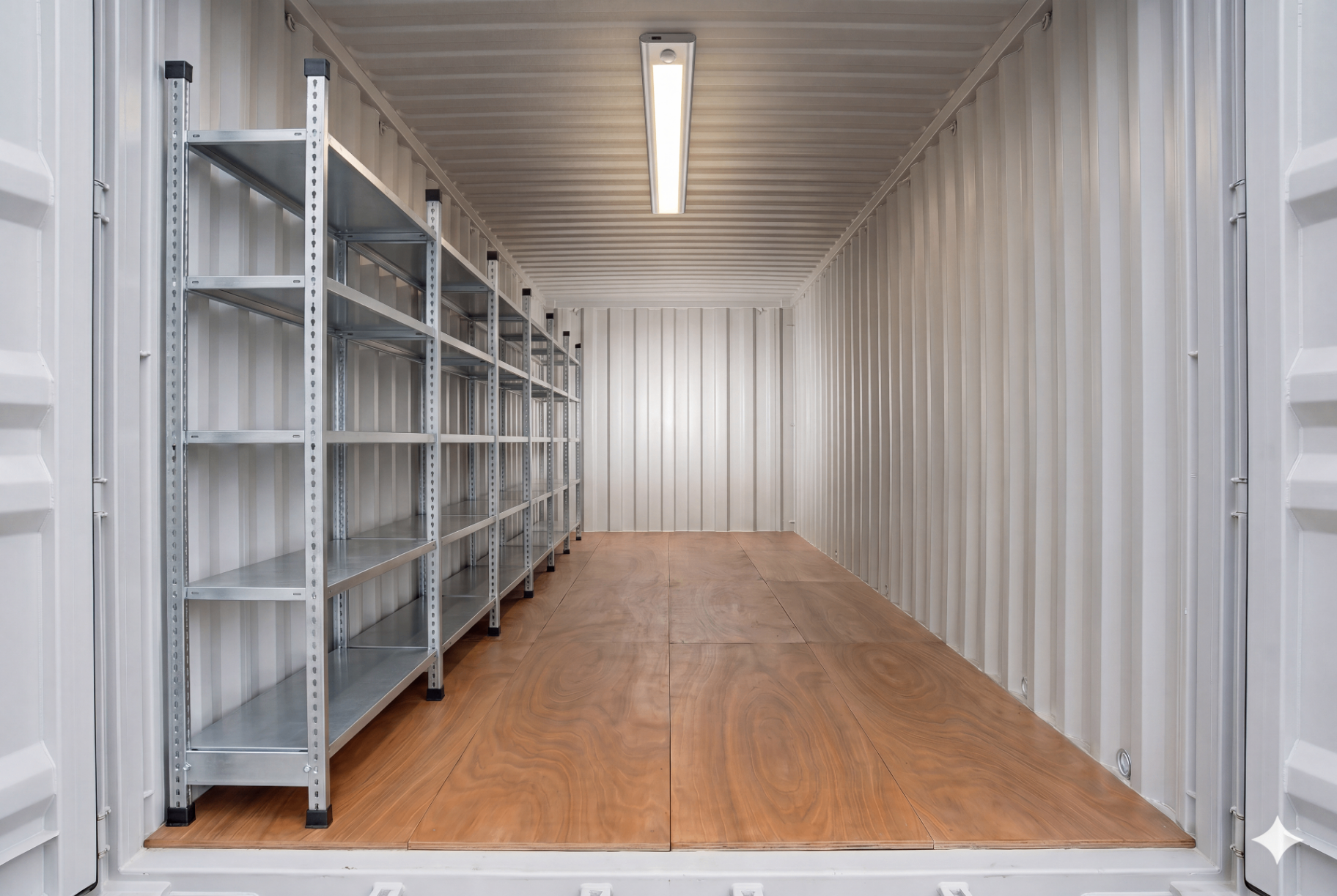 Innenansicht Zweitbox stack – Container mit Metallregal