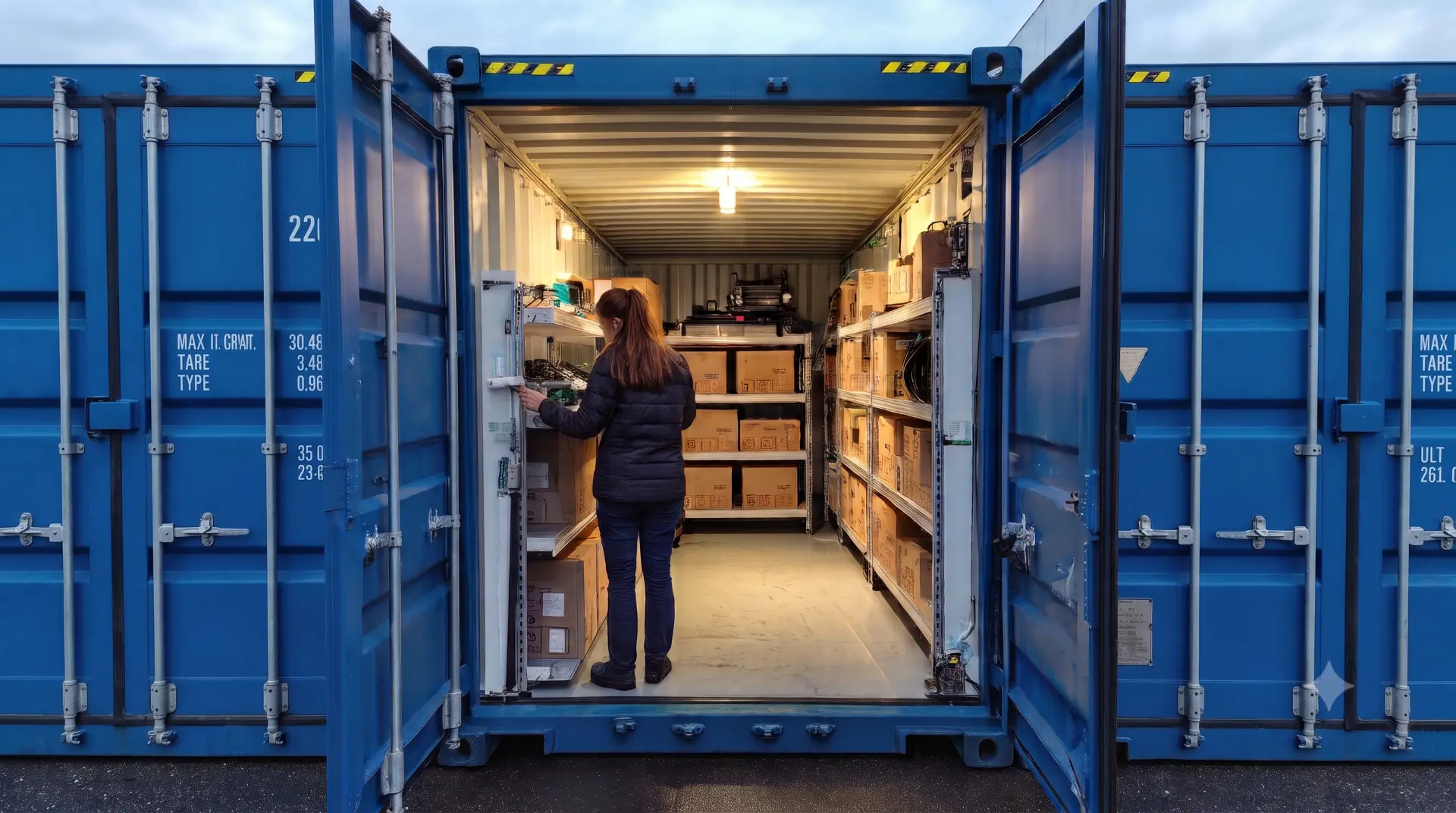 Innenansicht eines blauen Zweitbox Lagercontainers mit Regalen und Person