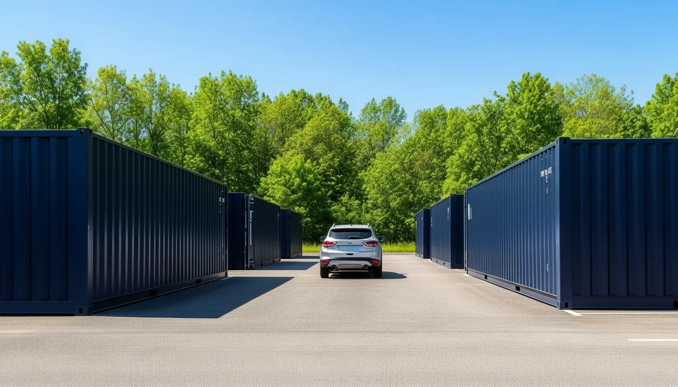 Blaue Self-Storage Container auf Zweitbox Gelände mit Drive-up Zugang
