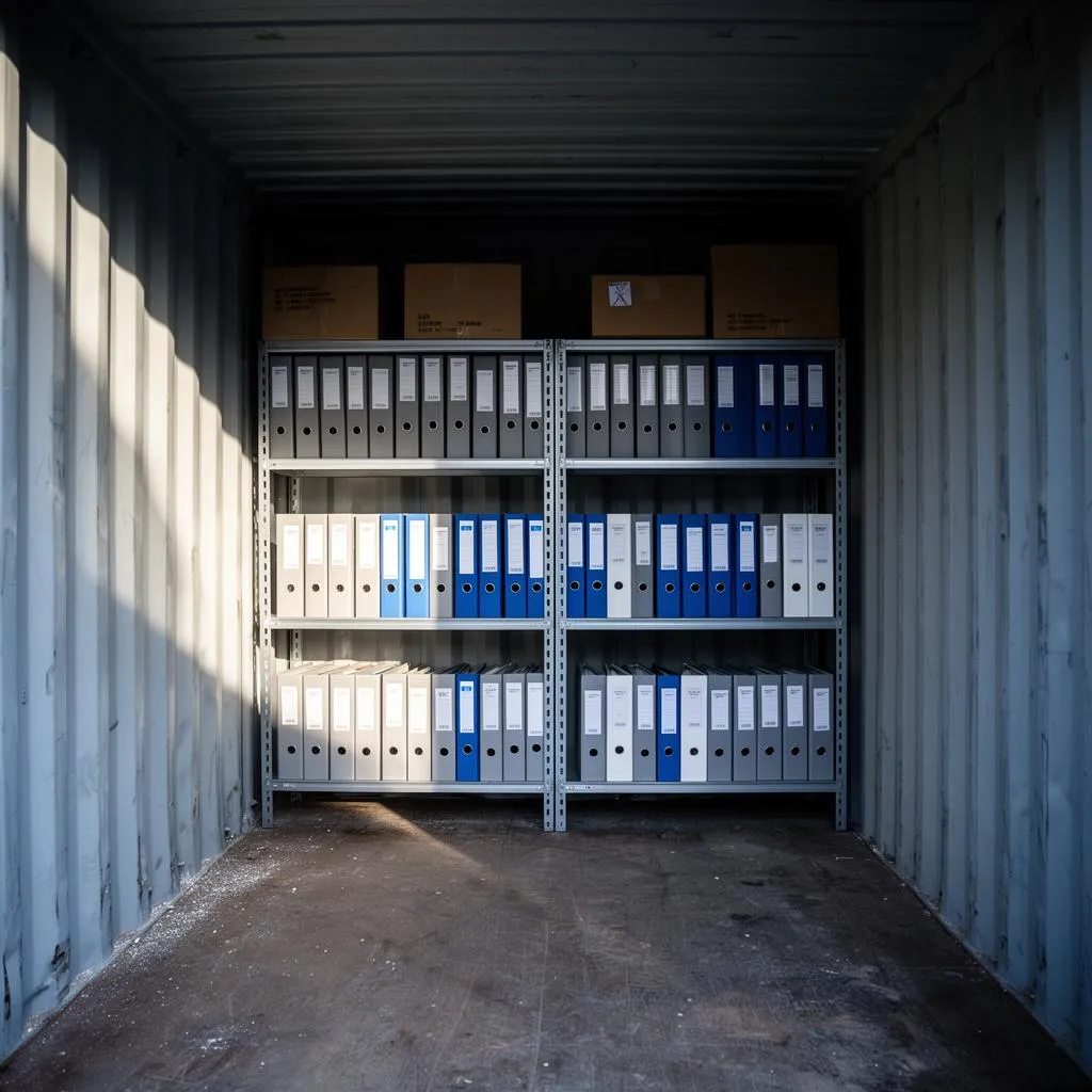 Innenansicht eines Zweitbox Lagercontainers mit Regalen voller Aktenordner und Archivkartons