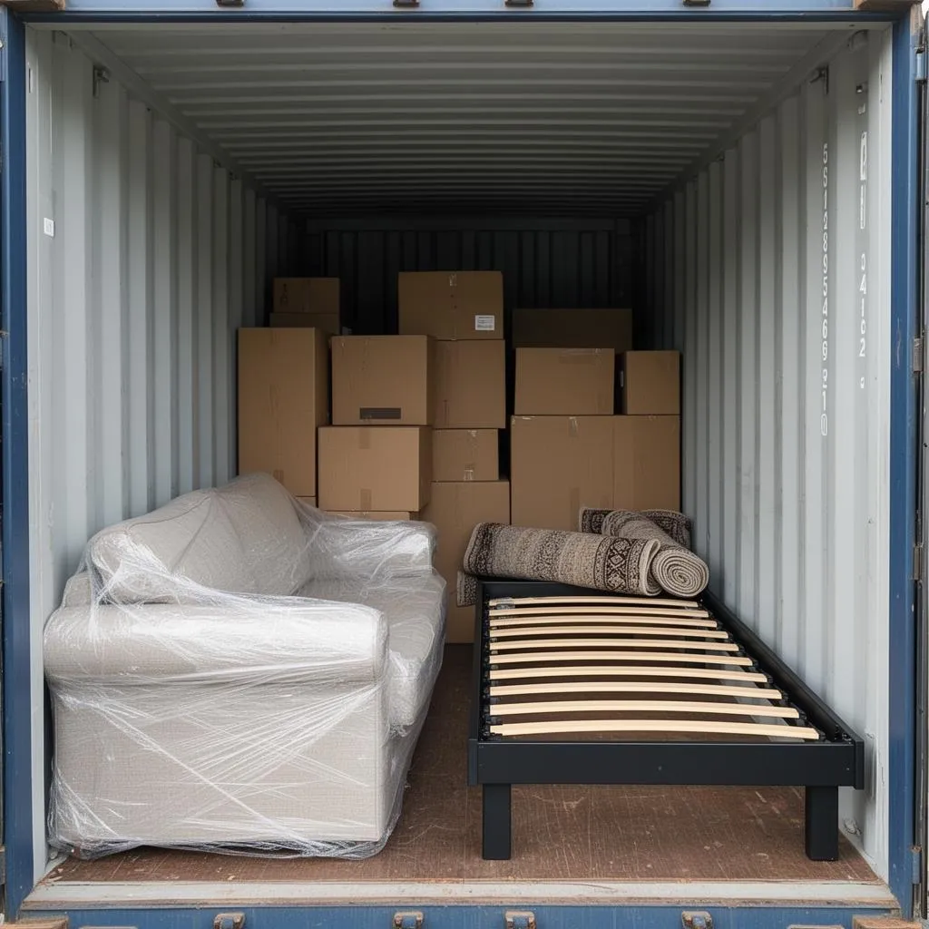 Innenansicht eines Zweitbox Containers mit Möbeln, Umzugskartons und Haushaltsgegenständen