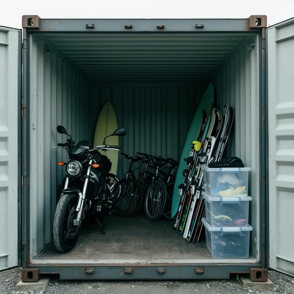 Innenansicht eines Zweitbox Containers mit Motorrad, Sportgeräten, Fahrrädern und Sammlerstücken