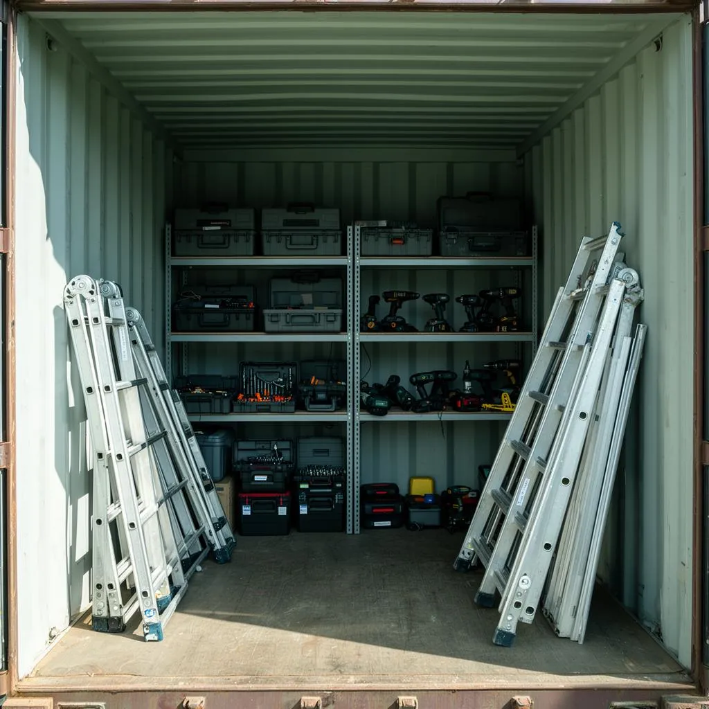 Innenansicht eines Zweitbox Lagercontainers mit Werkzeug und Handwerkerausrüstung